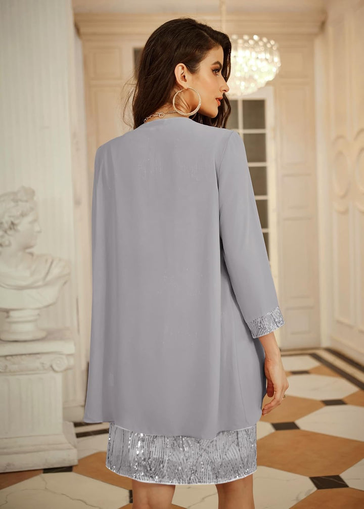 GRACE KARIN Damen Ärmelloses Rundhals Pailletten Cami Kleid Elegant Zweiteiler Tüll Cardigan Abendkl