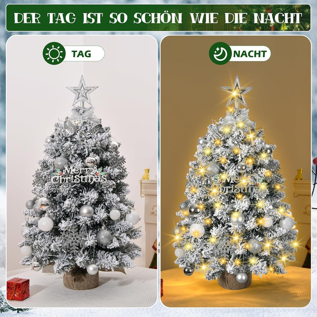 60cm Kleiner Weihnachtsbaum mit Beleuchtung, Silber Weiss Künstlicher Weihnachtsbaum Klein mit LED B