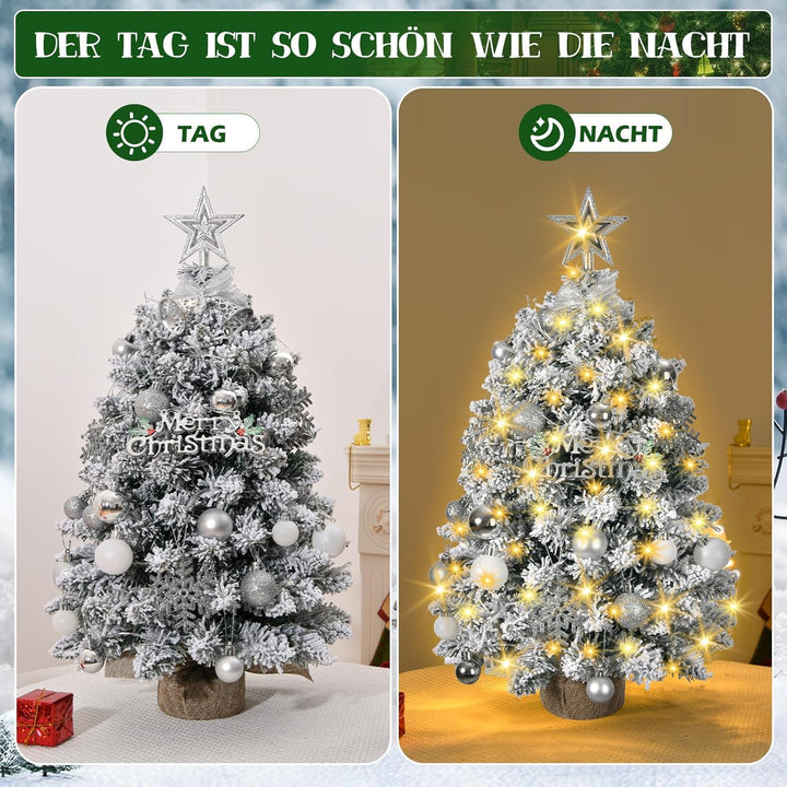 60cm Kleiner Weihnachtsbaum mit Beleuchtung, Silber Weiss Künstlicher Weihnachtsbaum Klein mit LED B