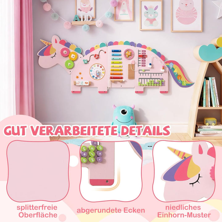 COSTWAY Montessori Busy Board, 11-in-1 Motorikbrett Holz mit Xylophon, Blöcken, Uhr, Abakus & Drehte