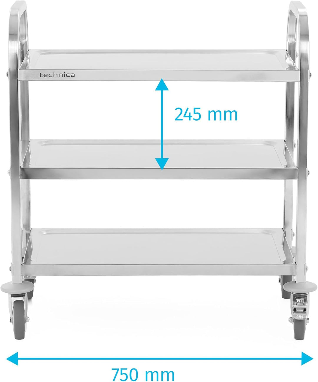 TECHNICA Servierwagen Edelstahl 3 Etagen mit Rollen & Bremse Quadratischer Griff 750x400x835mm Rollw