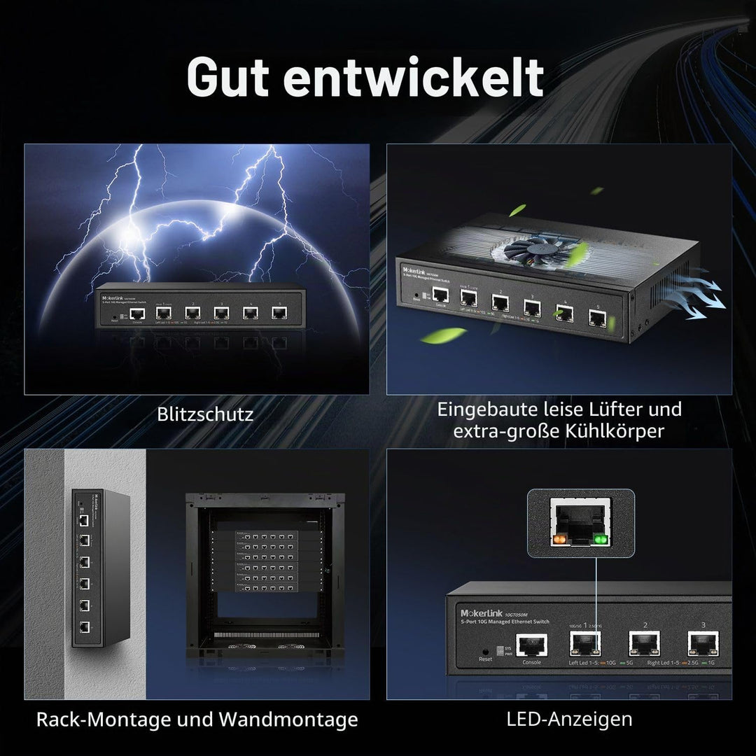 MokerLink 5-Port-10G-Managed-Ethernet-Switch, 10G/5G/2,5G/1G autoadaptiv, L3 Web/CLI-verwaltet, Meta