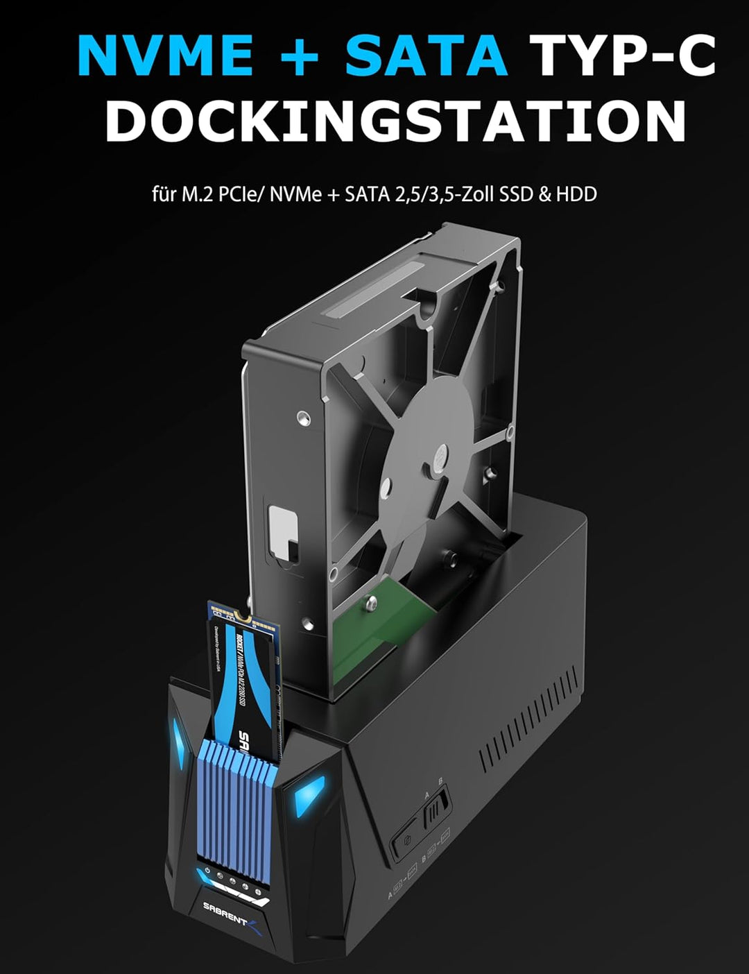 SABRENT USB-C-Dockingstation für M.2 PCIe/NVMe und SATA 2,5/3,5 Zoll SSD & HDD mit Offline-Klonen, u