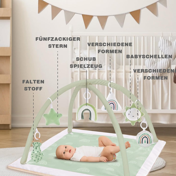 Mallify - Spielmatte für Babys mit Krabbeldecke, 6 abnehmbaren sensorischen Spielzeugen und 12 bunte