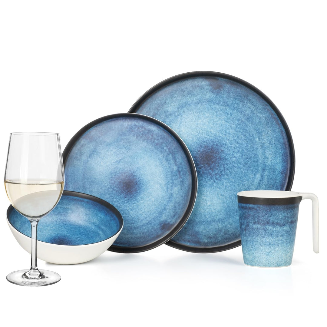 Melamin Camping Geschirr Set 4 Personen Deep Ocean + 4 Timo Weiss Weingläser Tafelgeschirr Picknick