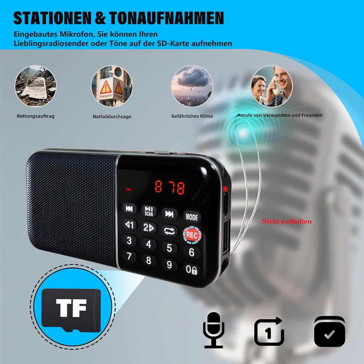 Kleines Digitalradio, Mini FM Radio mit Autosuche, eingebauter wiederaufladbarer Akku und MP3-Wieder