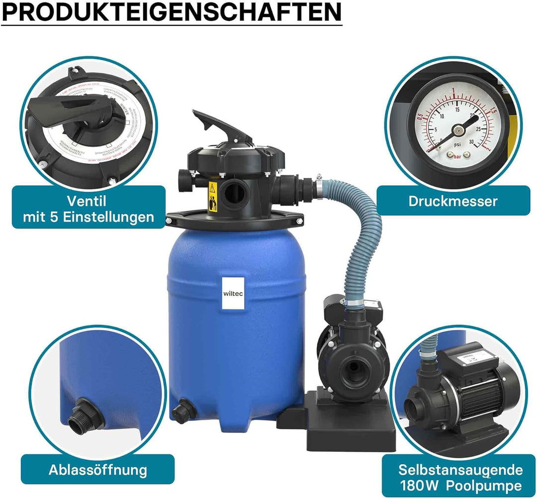 Wiltec Sandfilteranlage 180W mit 14l Filtertank und selbstansaugender Pumpe 9000 l/h, Sandfilterpump