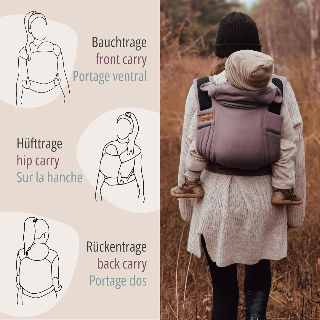 Hoppediz Bondolino b.pure Babytrage ab Geburt für Neugeborene, Burgundy | Ergonomische Halbschnallen