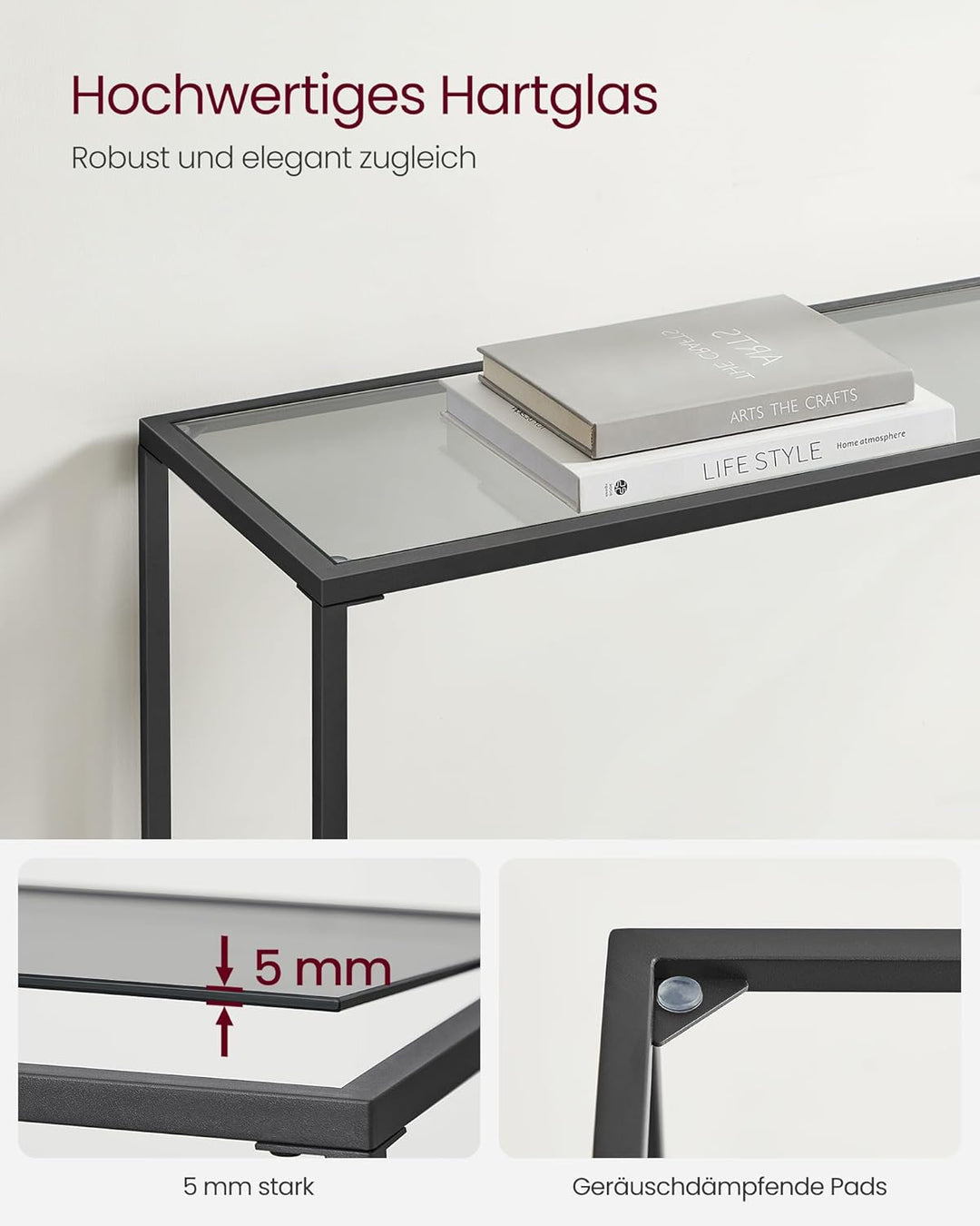 VASAGLE Konsolentisch, Beistelltisch, Oberfläche aus Hartglas, moderner Sofatisch, einfacher Aufbau,