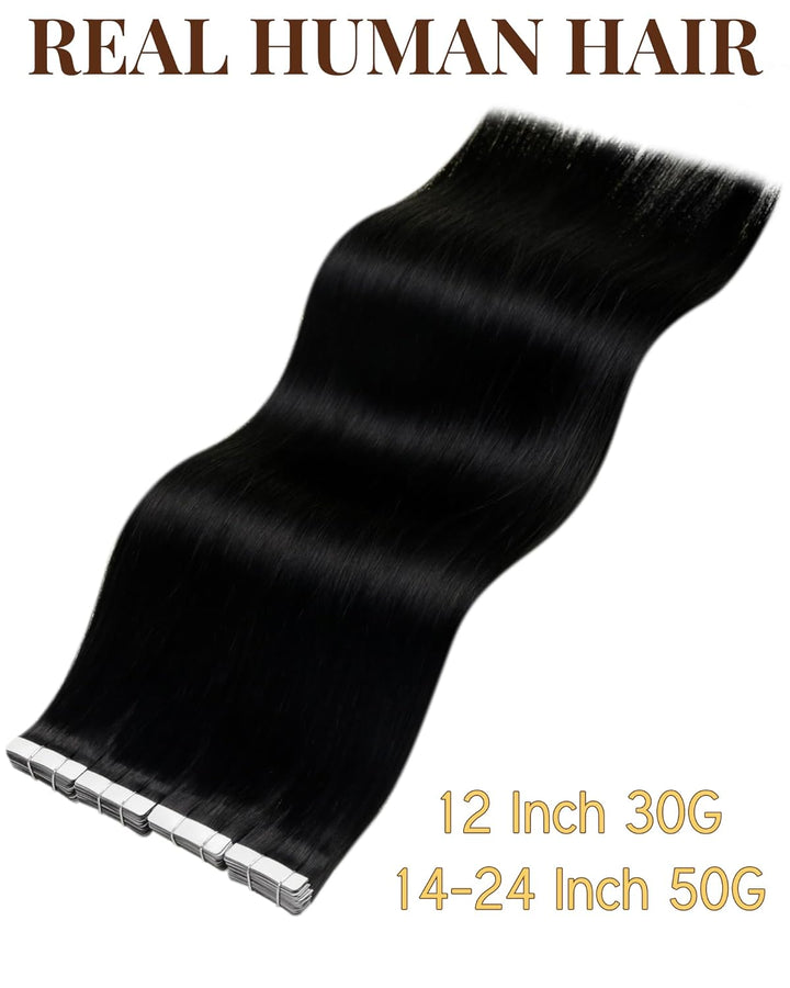 Hetto Echthaar Tape in Extensions Schwarz 40cm 20Stück 50g - Perfekt für Hochzeits-Look oder Party,