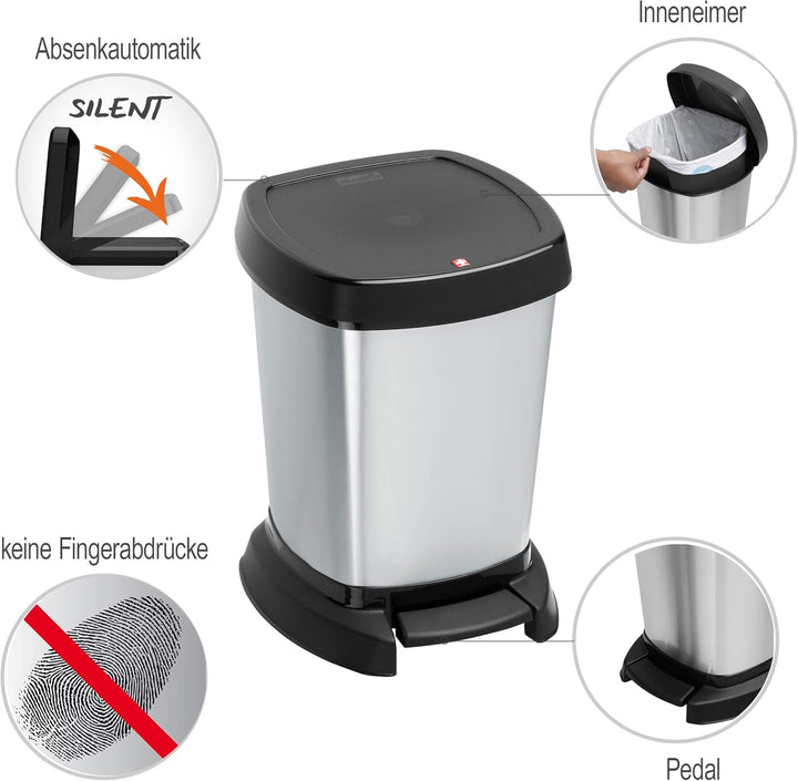 Rotho Paso Mülleimer 6l für das Bad mit Deckel, Kunststoff (PP) BPA-frei, silber metallic, 6l (23,4