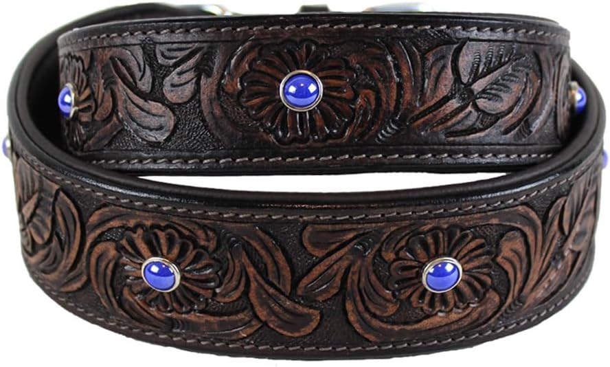 MICHUR Antonio Hundehalsband Leder, Lederhalsband Hund, Halsband, BRAUN, Leder, mit blauen Steinchen