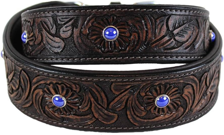 MICHUR Antonio Hundehalsband Leder, Lederhalsband Hund, Halsband, BRAUN, Leder, mit blauen Steinchen
