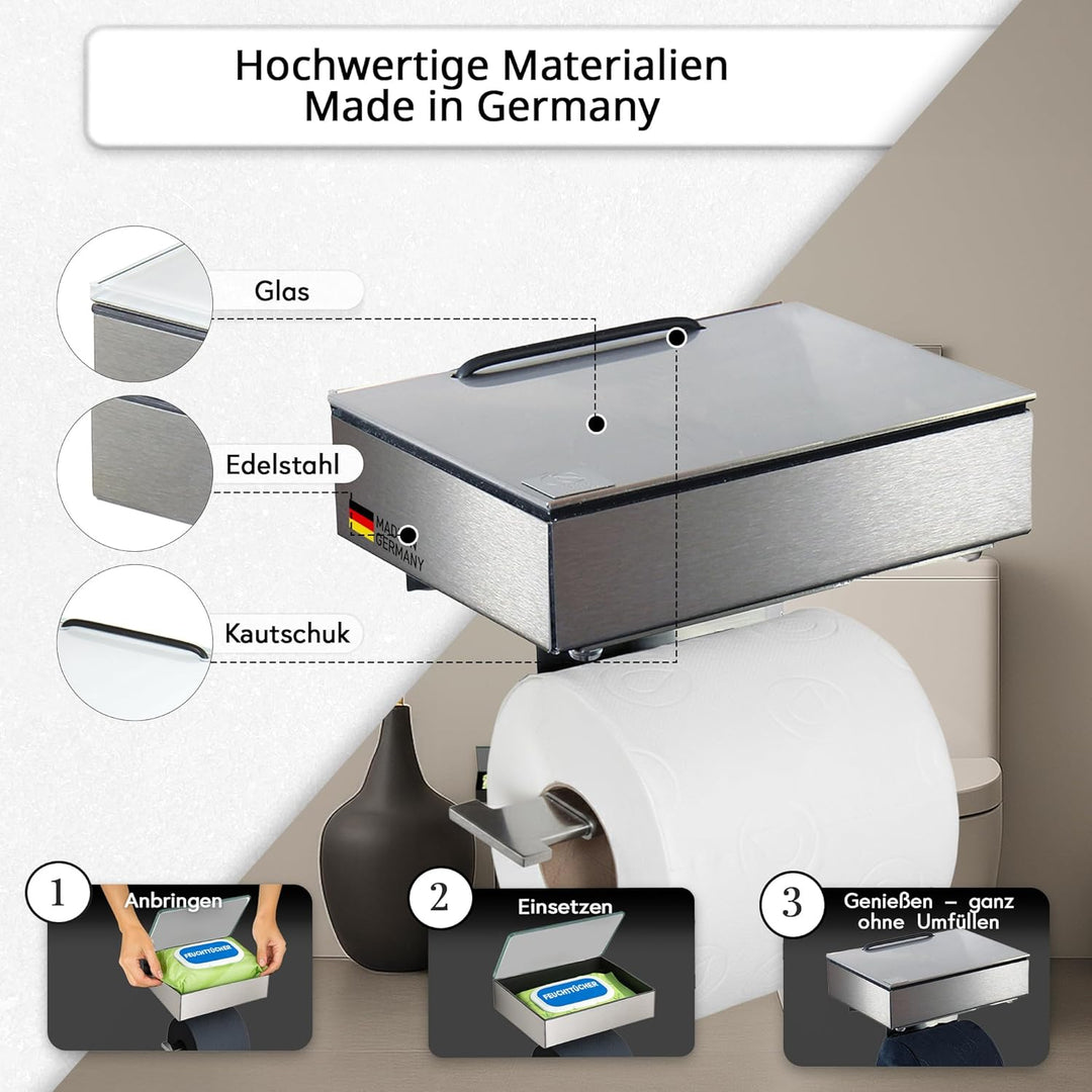 Toilettenpapierhalter mit Feuchttücherbox - Gehäuse Matt & Abdeckung Edelstahl - befüllbar von Links