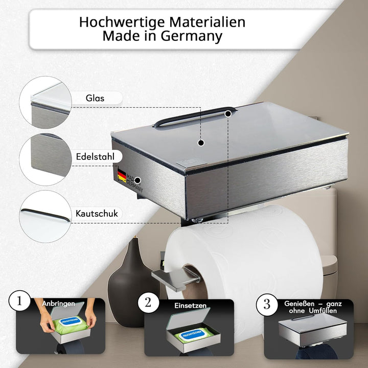 Toilettenpapierhalter mit Feuchttücherbox - Gehäuse Matt & Abdeckung Edelstahl - befüllbar von Links