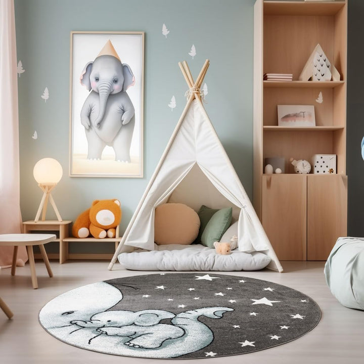 SIMPEX Teppich Kinderzimmer Elefant Design Kurzflor Kinderteppich mädchen Spielteppich Modern Design