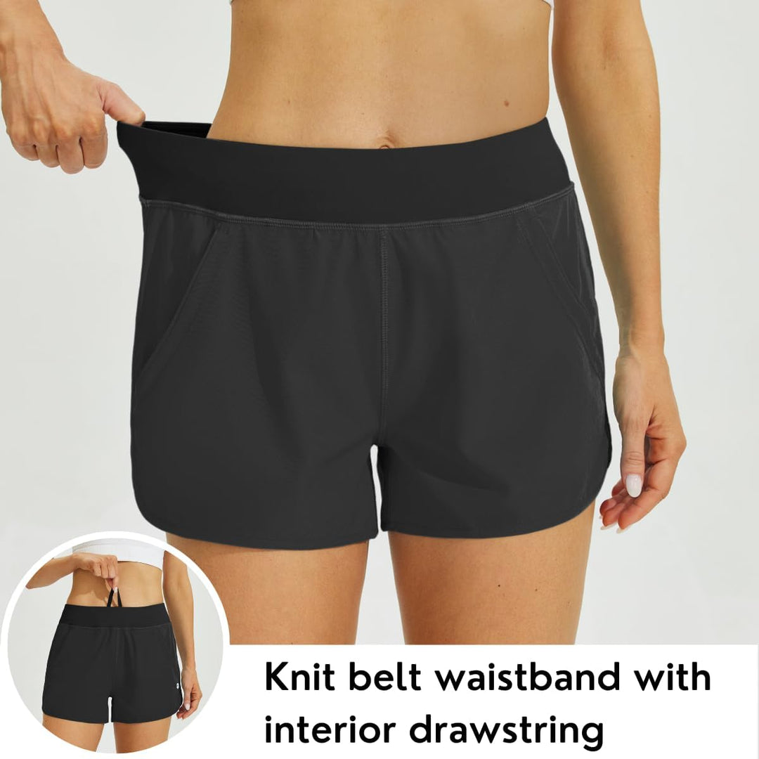 WILLIT Damen 3" Badeshorts Badehose Schwimmen Boardshorts mit Kurzliner Taschen Schnelltrockner UVA