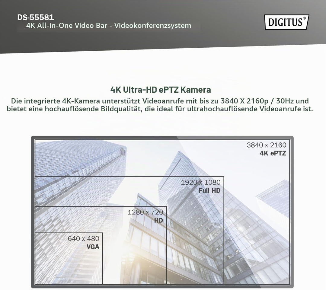DIGITUS DS-55581 Video Bar Mini, Video-Konferenz-System – 4K UHD 30 Hz ePTZ Webcam Kamera – 2 Intern