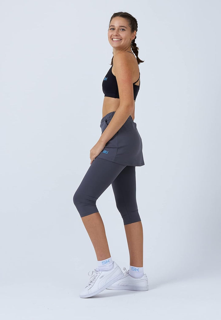 Sportkind Mädchen & Damen 2-in-1 Tennisrock mit Taschen & 3/4 Capri Leggings, Laufrock, Yogahose mit