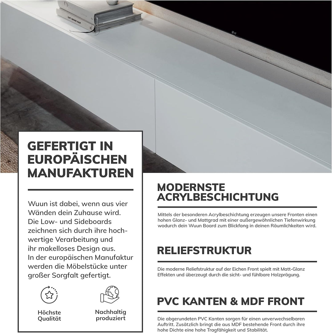 Wuun® TV Lowboard TV Board hängend I 100cm-280cm I Hängeschrank Wohnwand/Somero Weiss-Matt I 100cm 1
