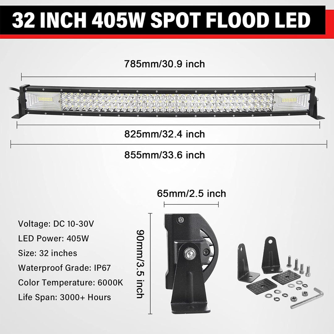 PICAA Gebogen 32 Zoll 405W LED Arbeitsscheinwerfer mit Magnetische Halterung Kabelbaum Kit, Tri-Reih