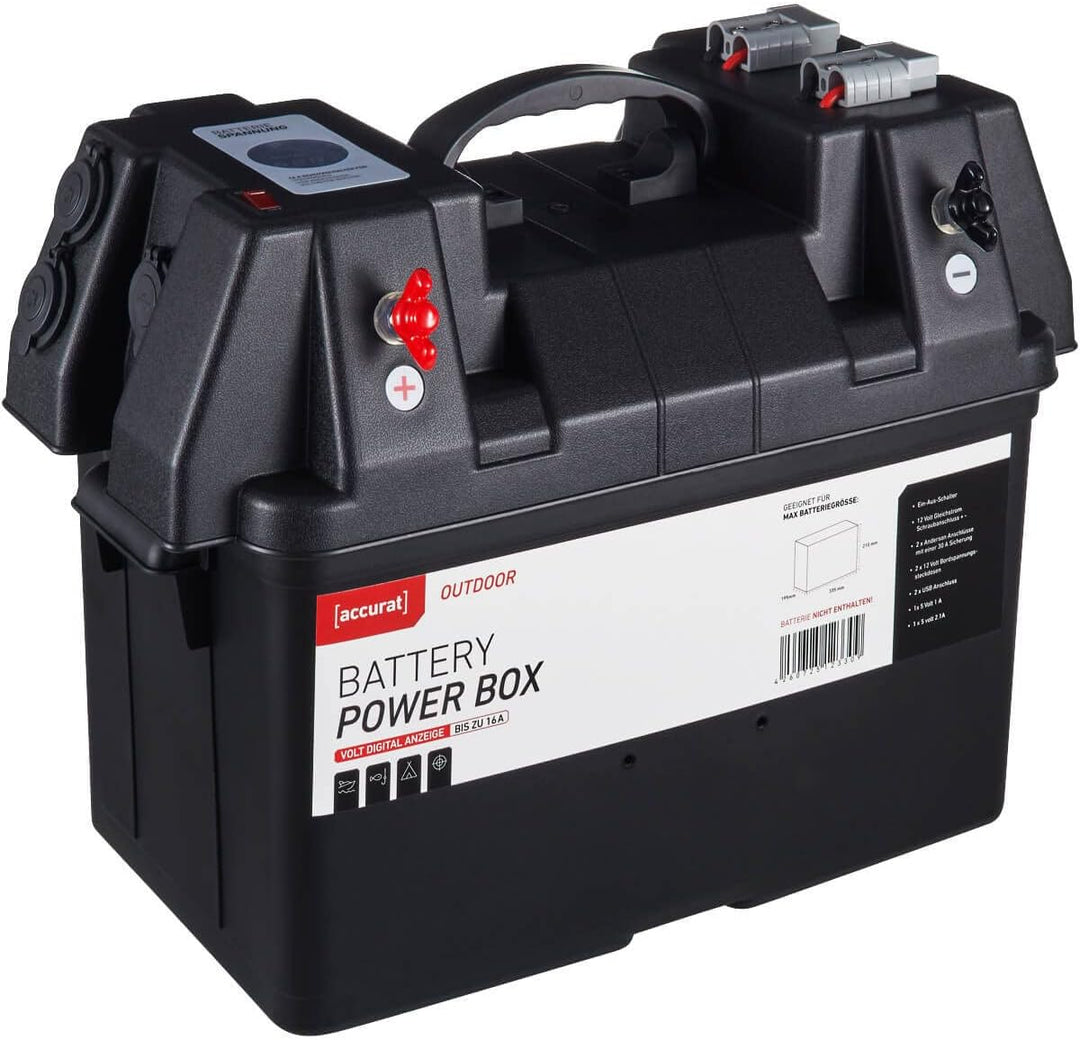 Accurat Outdoor Batteriebox - 12V, 100 Ah, Zigarettenanzünder, USB, Schutzschalter, LED Anzeige - Po