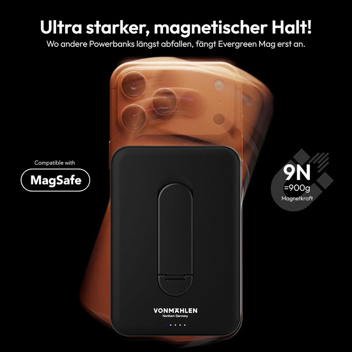 VONMÄHLEN Evergreen Mag mit Kickstand: 10.000 mAh Qi2-Powerbank kompatibel mit MagSafe – 15W kabello