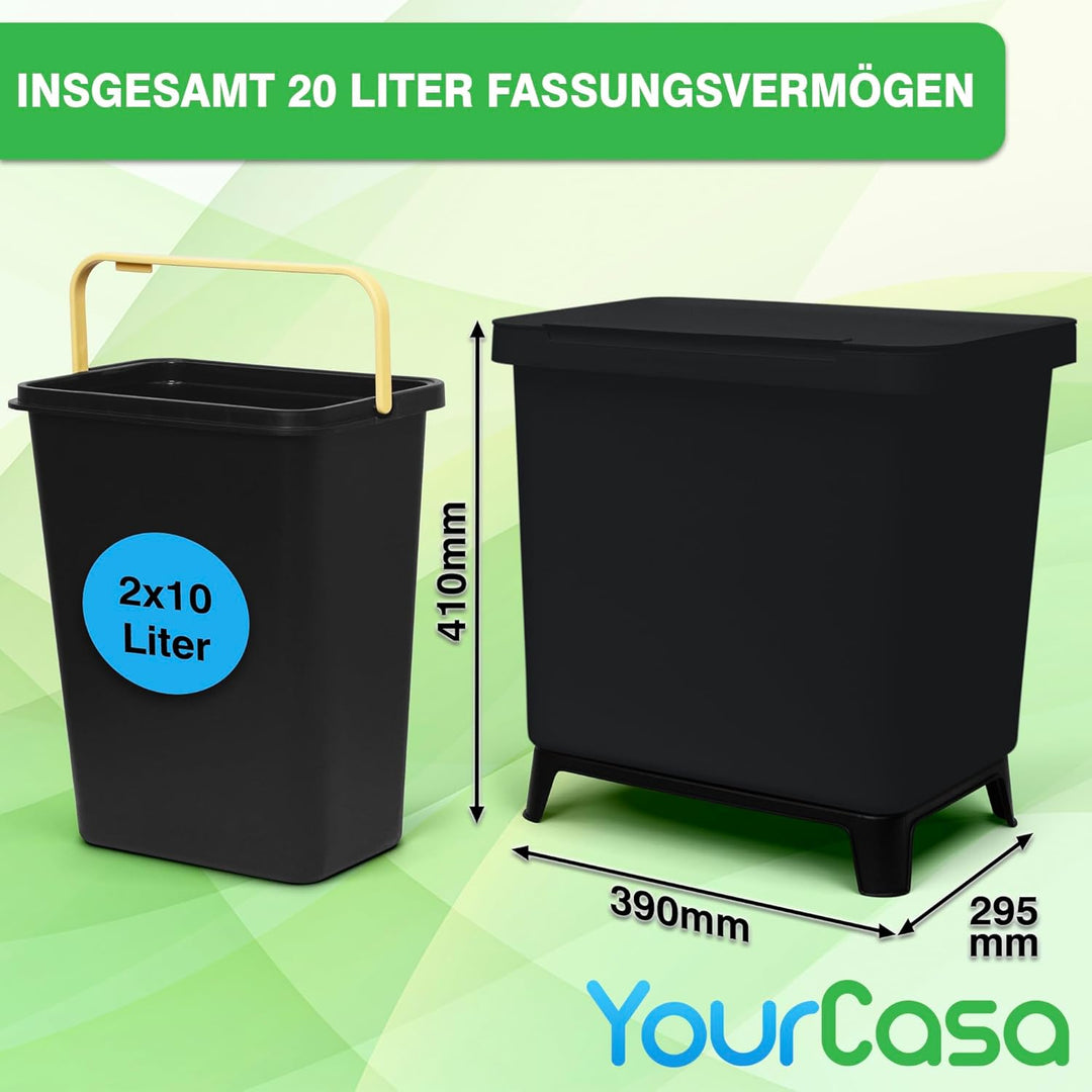 YourCasa® Mülleimer 2 Fächer [20L] im exklusiven Design Mülltrennsystem - Mülleimer Küche mit Deckel