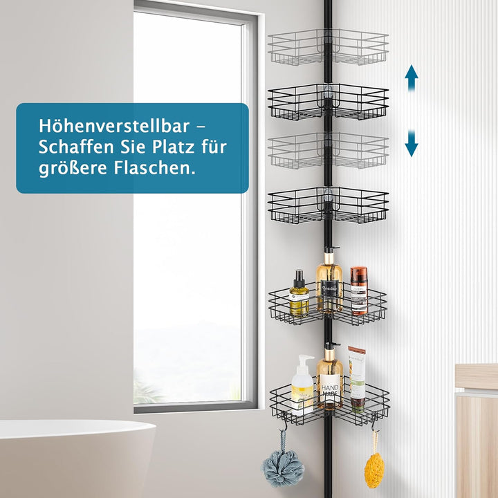 Duschablage ohne Bohren Teleskop Duschregal Metall Eckregal Badregal mit 4 Duschkörben, Höhenverstel