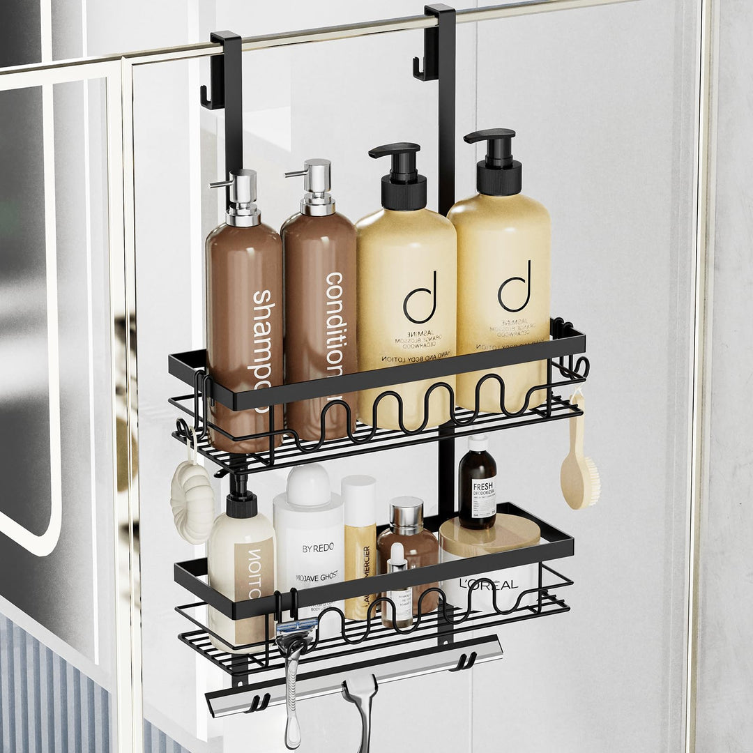 Duschablage ohne Bohren Schwarz, 3-in-1 Hängendes Duschregal für Glastüren mit 2 Körben, 4+3 Haken,
