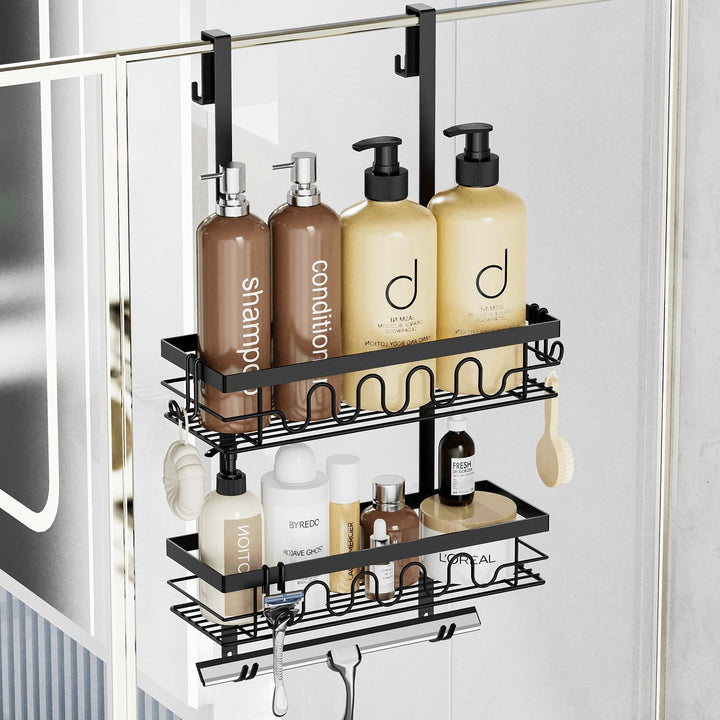 Duschablage ohne Bohren Schwarz, 3-in-1 Hängendes Duschregal für Glastüren mit 2 Körben, 4+3 Haken,