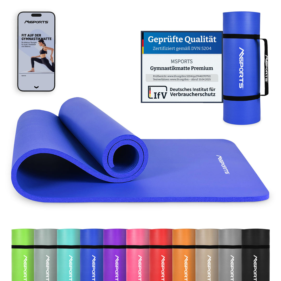 MSPORTS Gymnastikmatte Premium inkl. Tragegurt + Übungsposter + Workout App I Hautfreundliche Fitnes