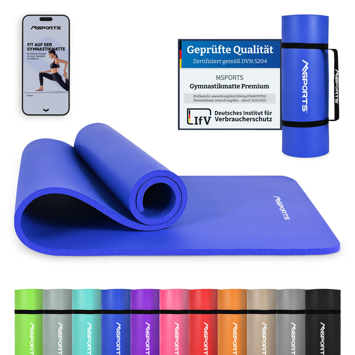 MSPORTS Gymnastikmatte Premium inkl. Tragegurt + Übungsposter + Workout App I Hautfreundliche Fitnes