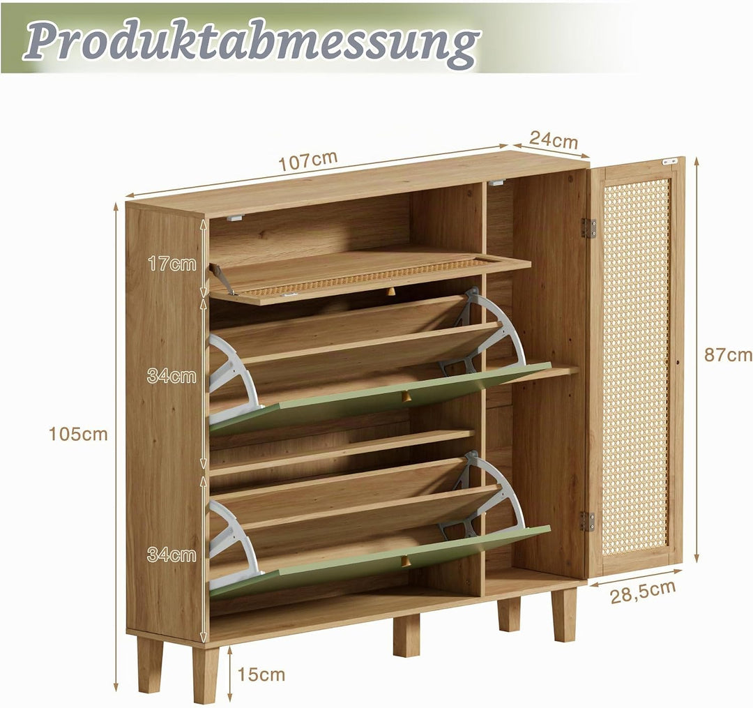 UEV Schuhschrank mit 4 Klappen 107x24x105cm, Schuhkipper schmal ratten Schuhkommode im Flur, platzsp