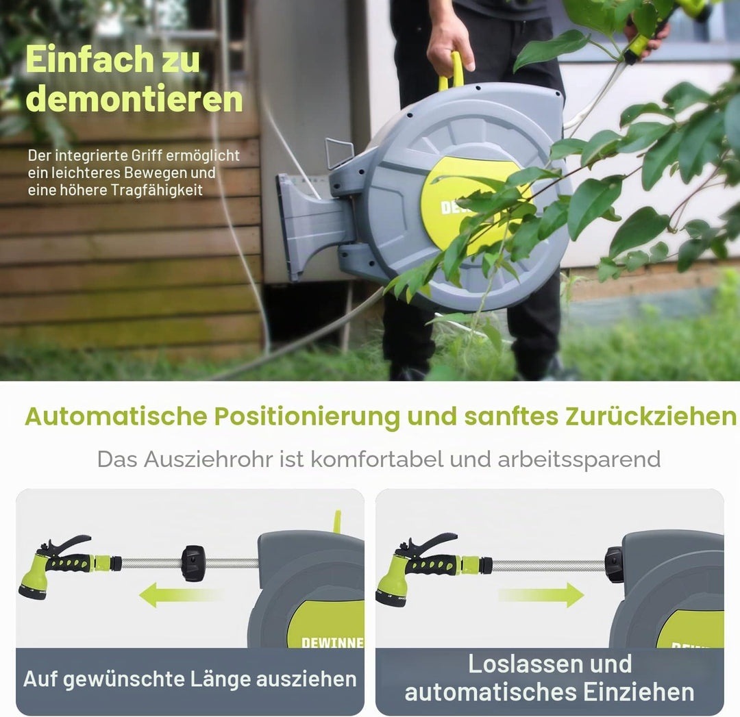 DEWINNER Gartenschlauchtrommel 20 + 2 m, Schlauchaufroller zur Wandmontage, Automatische Schlauchtro