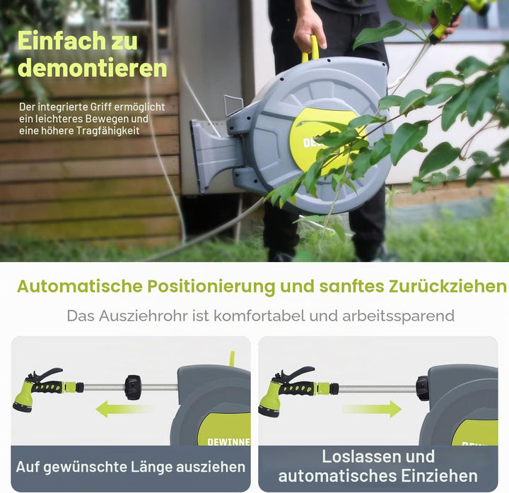 DEWINNER Gartenschlauchtrommel 20 + 2 m, Schlauchaufroller zur Wandmontage, Automatische Schlauchtro