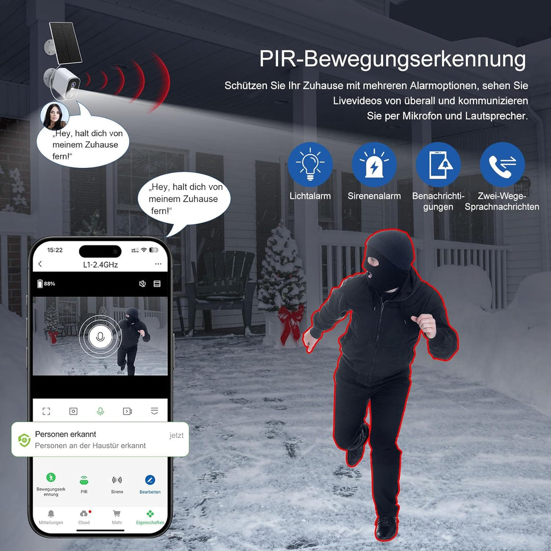 2K/4MP Überwachungskamera Aussen Akku Solar, 2,4GHz WLAN Kabellose Überwachungskamera aussen mit Far