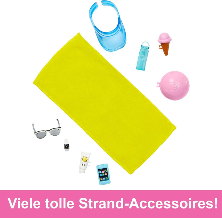 Barbie Ken - Blonde Puppe mit blauem Hemd und Badehose, Strand-Accessoires und Wasserball für kreati