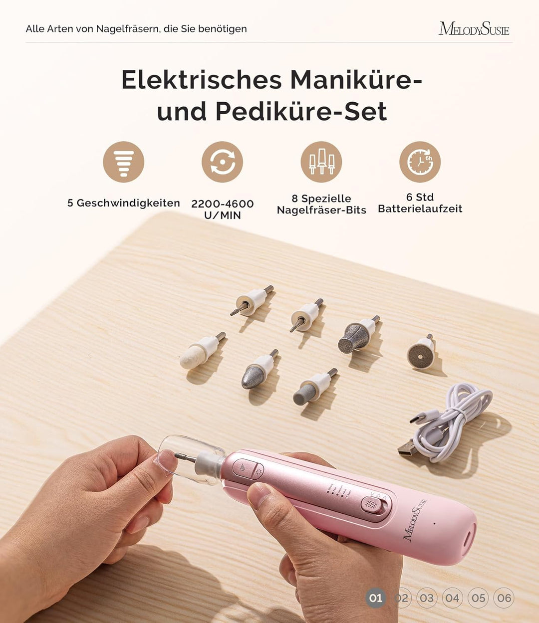 MelodySusie Professionelles Maniküre/Pediküre Set, PC760G 8 in 1 Elektrischer Nagelfräser mit 5 Gesc