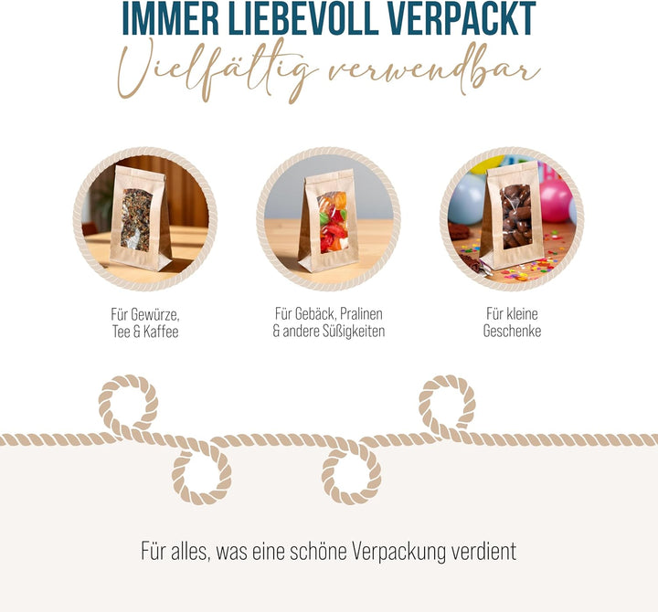 Logbuch-Verlag 100 braune Papiertüten mit Fenster & Folieneinlage - Beutel zum Befüllen mit Verschlu