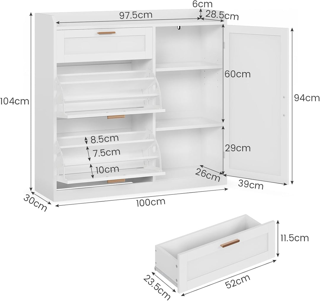 Schuhschrank mit 2 Klappen, Schuhkipper Schmal, Schuhschrank mit 1 Schublade, Schrank, Trennwand Ver