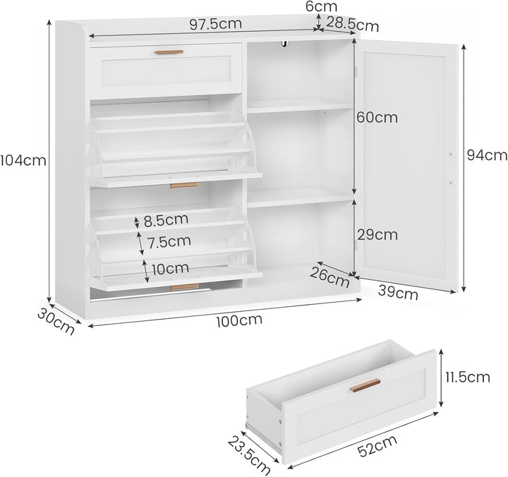 Schuhschrank mit 2 Klappen, Schuhkipper Schmal, Schuhschrank mit 1 Schublade, Schrank, Trennwand Ver