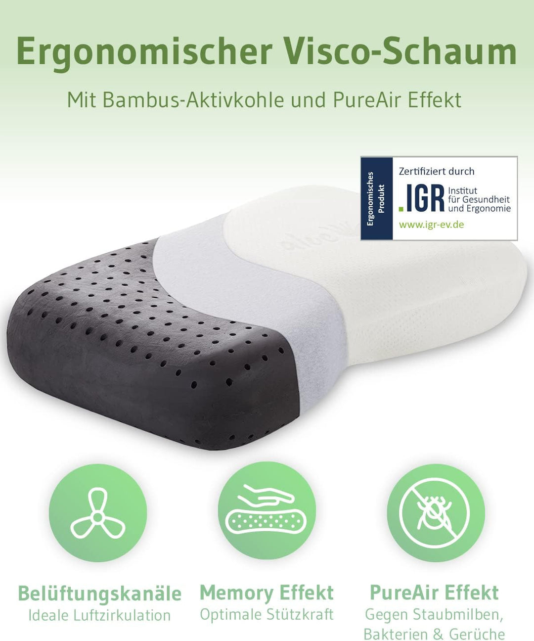 Ergonomisches Seitenschläferkissen NuMOON, Memory Foam Kopfkissen mit PureAir Effekt gegen Milben &