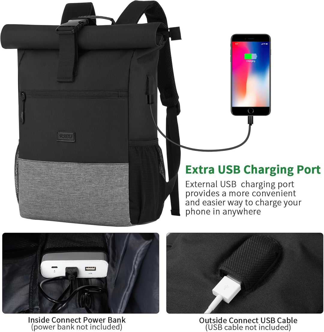 RJEU Rolltop Rucksack Herren Damen,17,3 Zoll Laptop Rucksack Männer für Uni,Business,Fahrrad,Reise,S