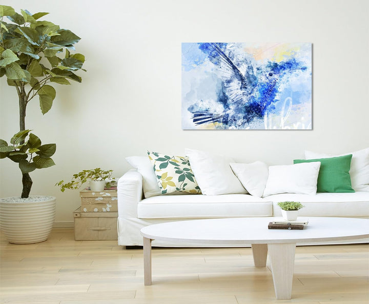 Paul Sinus Art Bild Leinwand 120x80cm Eleganter Kolibri im Flug in Blautönen mit Kalligraphie, 120x8
