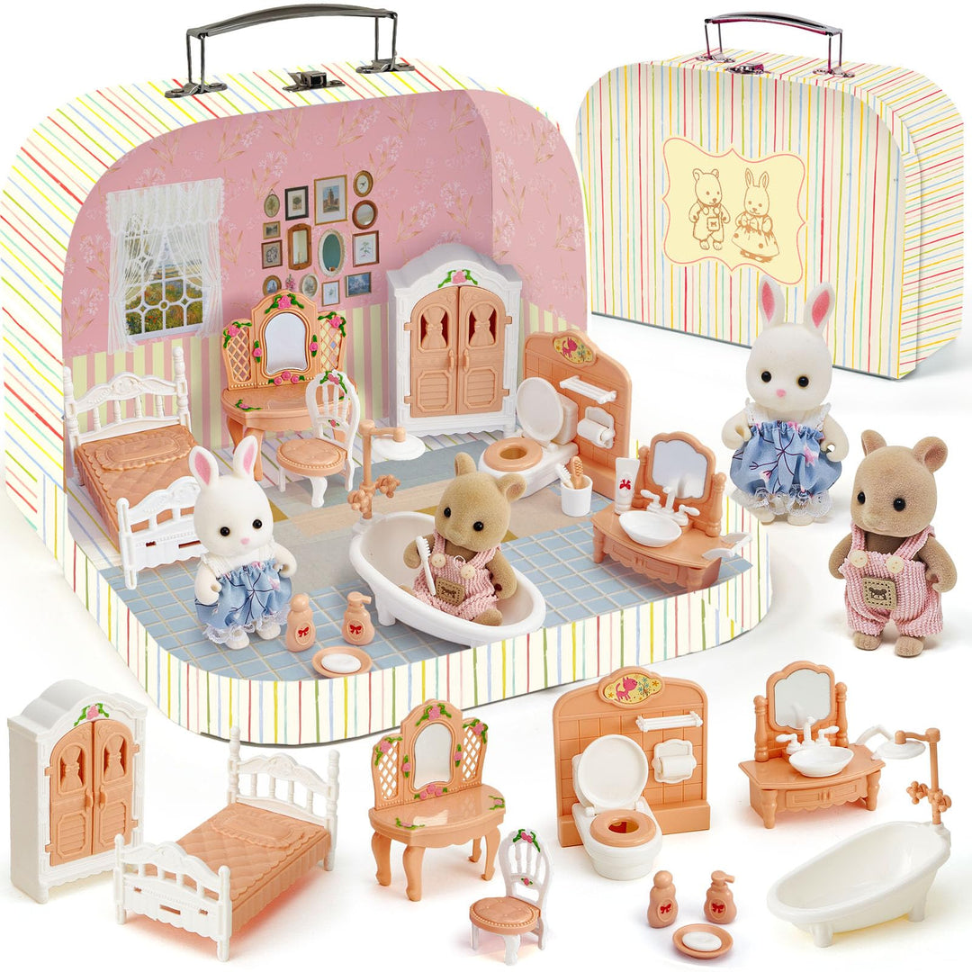 Koffer Dollhouse Puppenhaus Möbel Zubehör DIY Miniature Haus mit 2 Flexible Puppen und Schlafzimmer