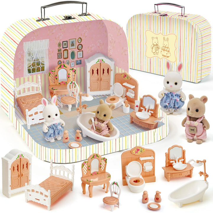Koffer Dollhouse Puppenhaus Möbel Zubehör DIY Miniature Haus mit 2 Flexible Puppen und Schlafzimmer