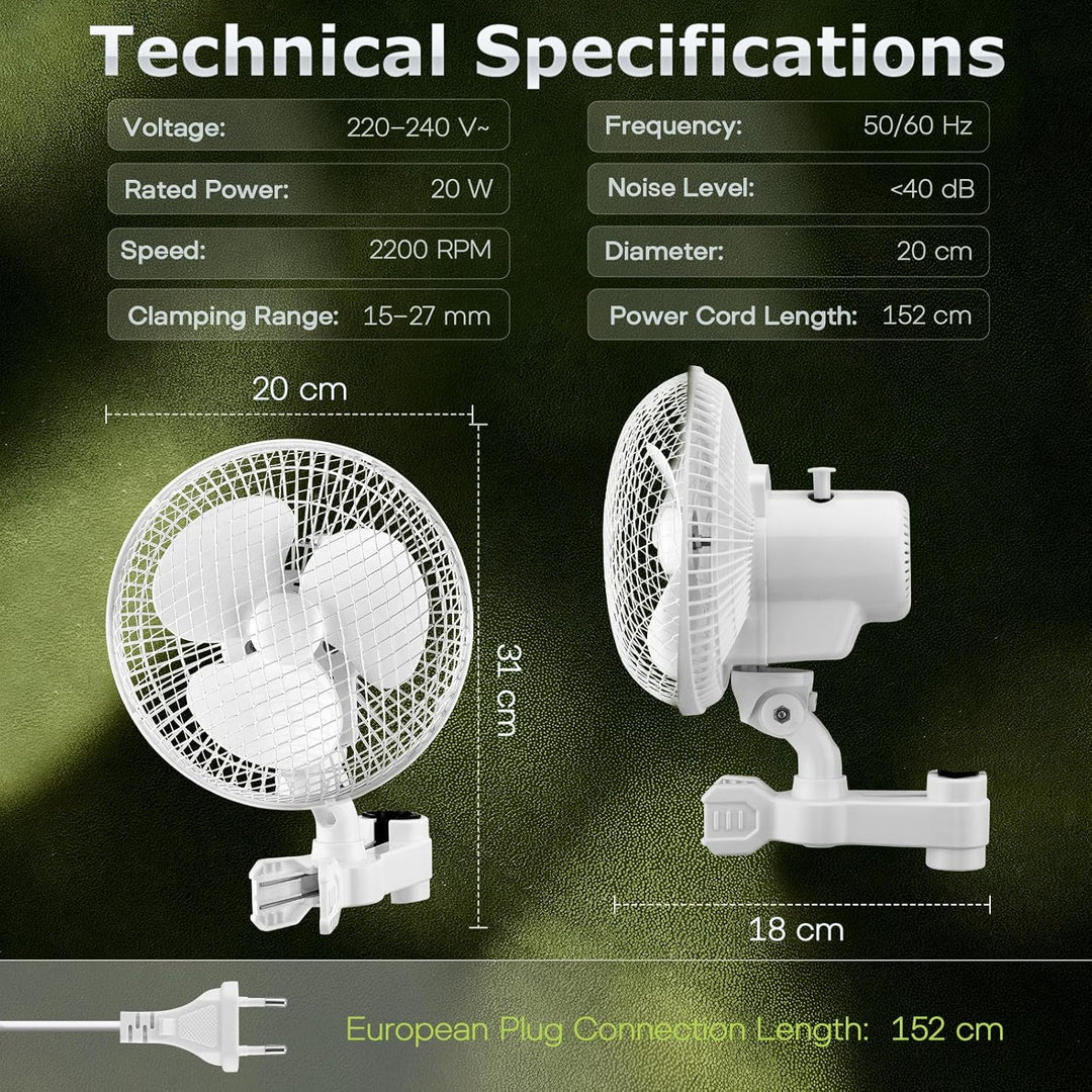 Grow Ventilator mit Clip, 25W Clip Ventilator Oszillierender mit 2 Geschwindigkeitsstufen, 2200 U/mi