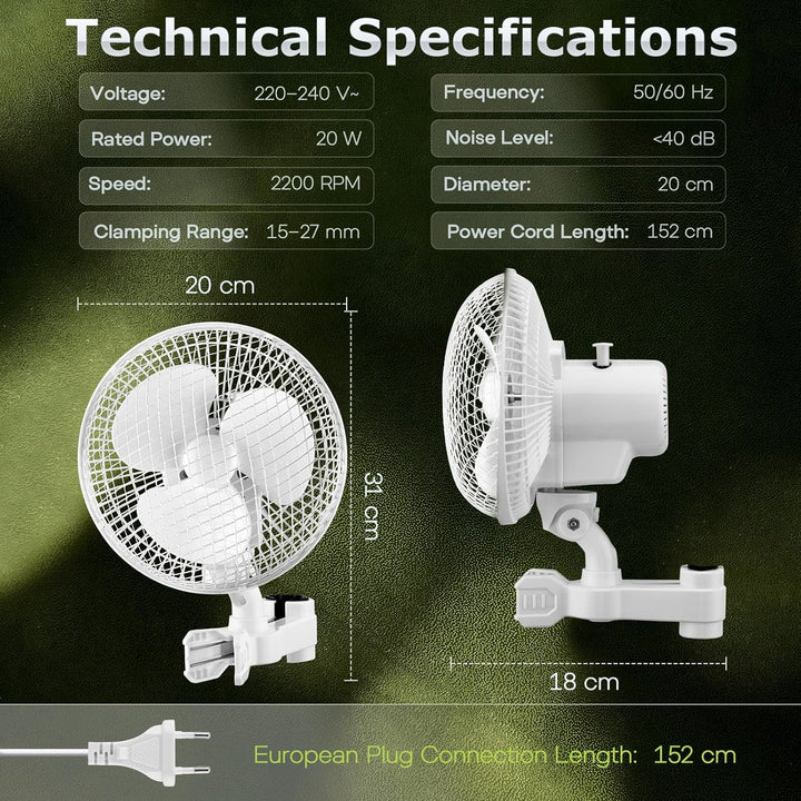 Grow Ventilator mit Clip, 25W Clip Ventilator Oszillierender mit 2 Geschwindigkeitsstufen, 2200 U/mi