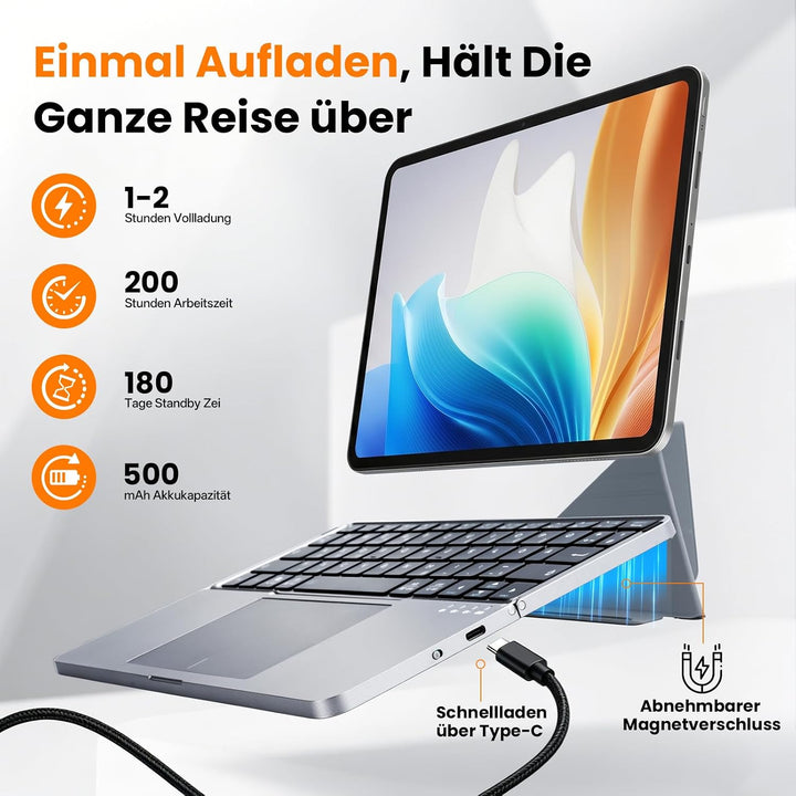Faltbare Tastatur mit Touchpad, Bluetooth Tastatur Tablet, Tastatur Kabellos Leise mit Hüllenhalter,